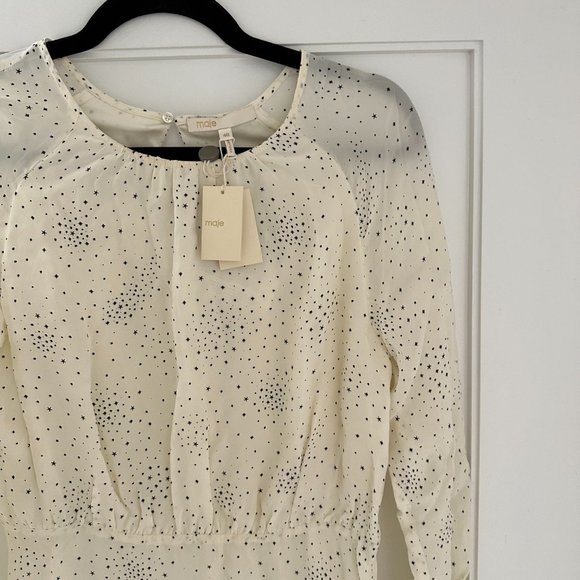 Maje Reto Asymmetric Dress Sz 40 Ecru Cupro Printed Ruffle Trim Long Sleeve - Picture 6 of 11